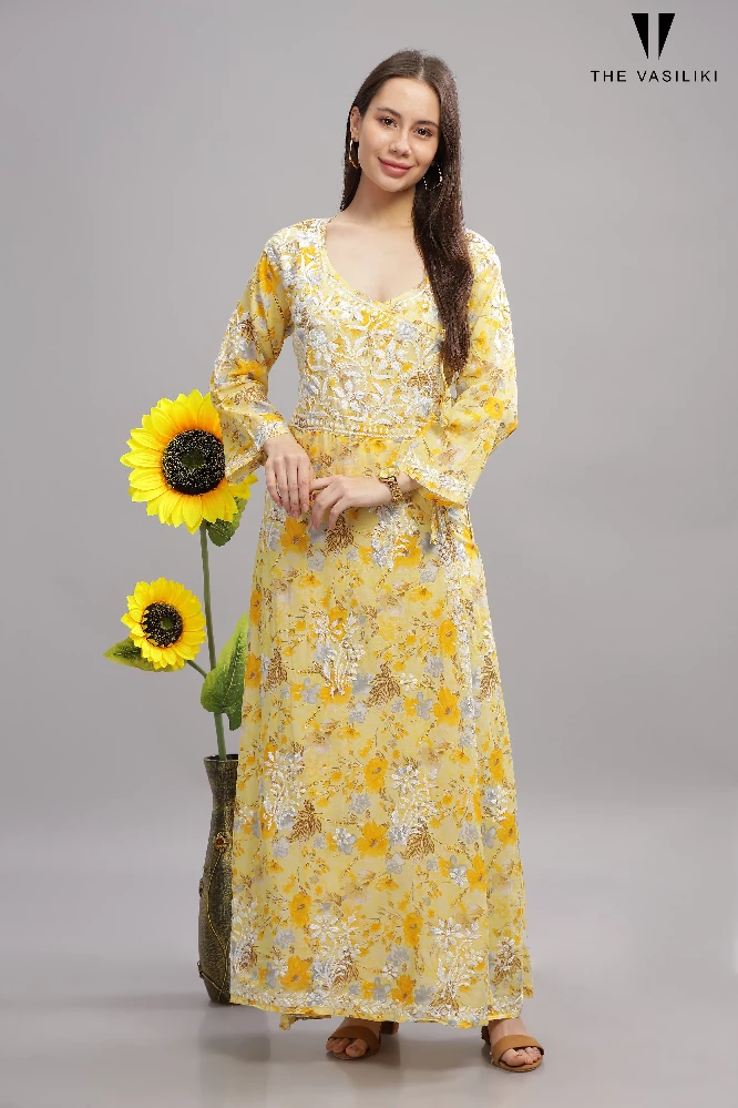Flowery Yellow Mulmul Cotton Anarkali Gown with White Chikankari Embroidery-4.webp